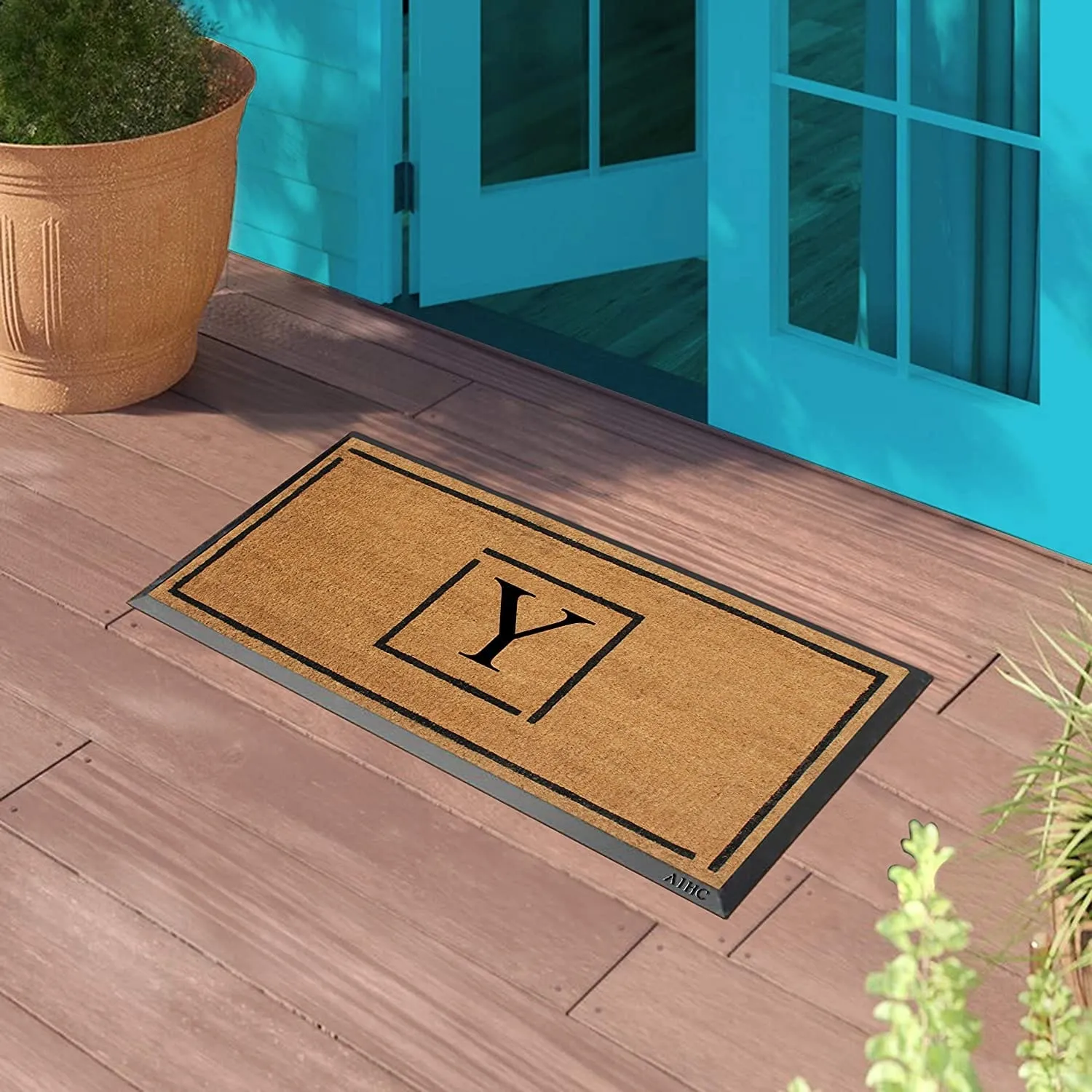 A1HC- Designer Hand-Crafted Rubber Coir Molded Double/Single Door Mat Monogrammed. Perfect and More Functional Size 24x48 Inch