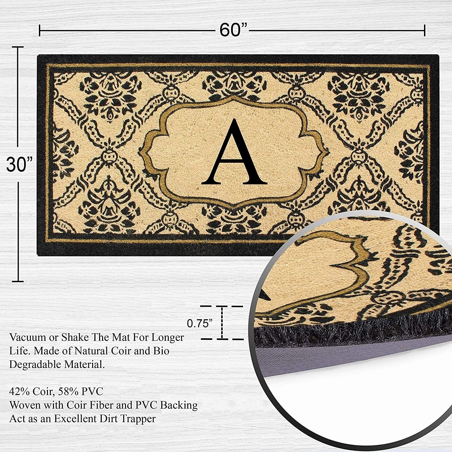 A1HC Uriel Bleached Coir Anti-shred Monogrammed Doormat. 30 X 60