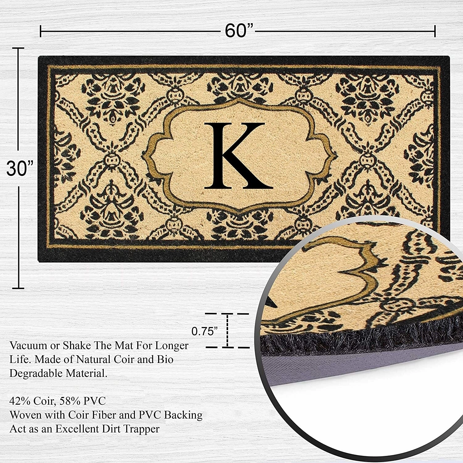 A1HC Uriel Bleached Coir Anti-shred Monogrammed Doormat. 30 X 60