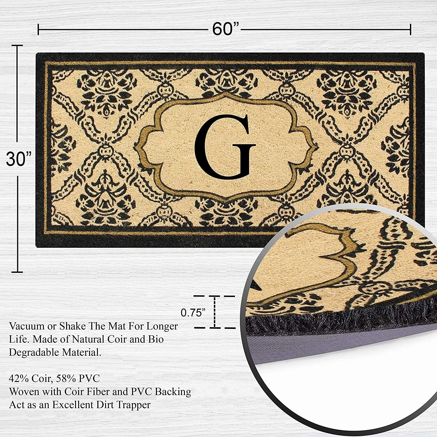 A1HC Uriel Bleached Coir Anti-shred Monogrammed Doormat. 30 X 60