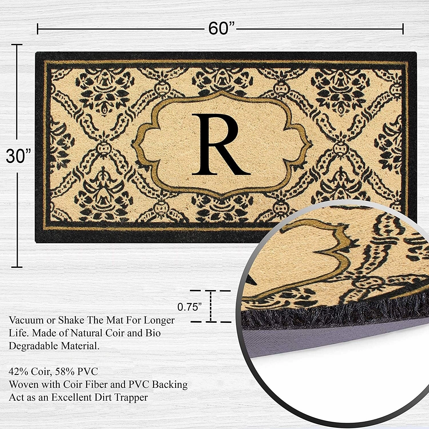 A1HC Uriel Bleached Coir Anti-shred Monogrammed Doormat. 30 X 60