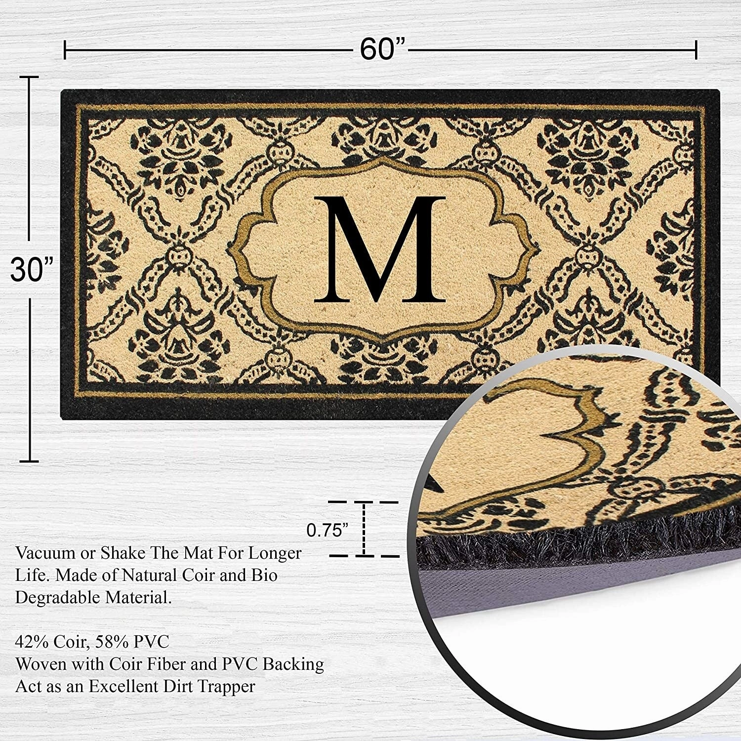 A1HC Uriel Bleached Coir Anti-shred Monogrammed Doormat. 30 X 60