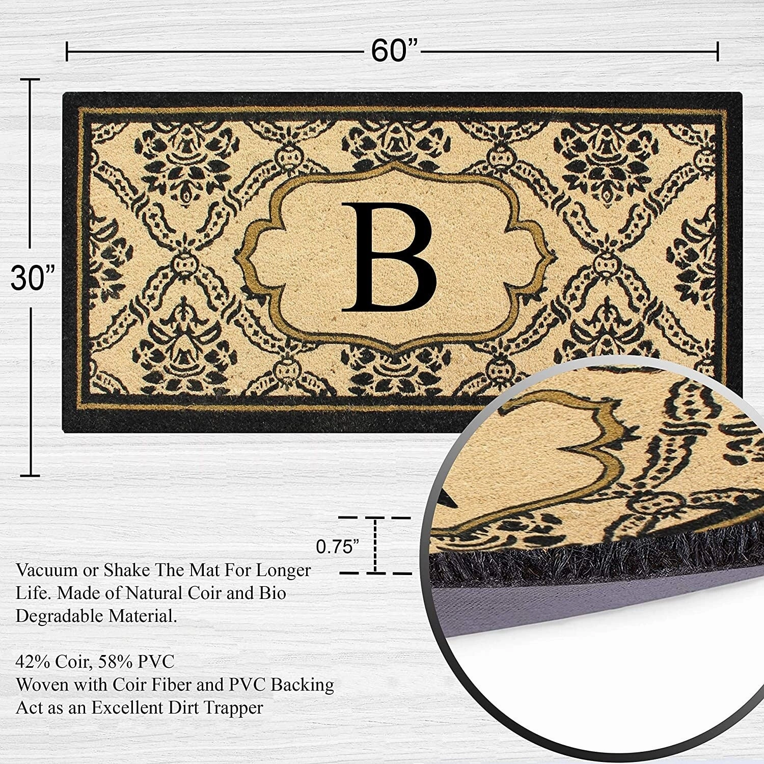 A1HC Uriel Bleached Coir Anti-shred Monogrammed Doormat. 30 X 60