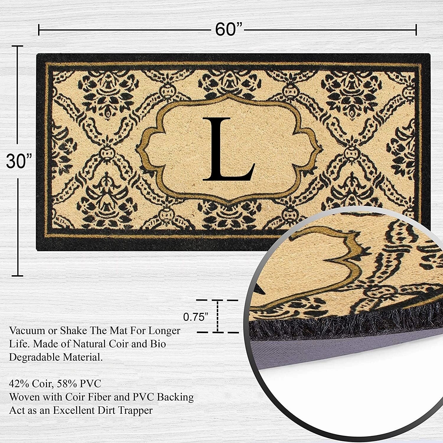 A1HC Uriel Bleached Coir Anti-shred Monogrammed Doormat. 30 X 60