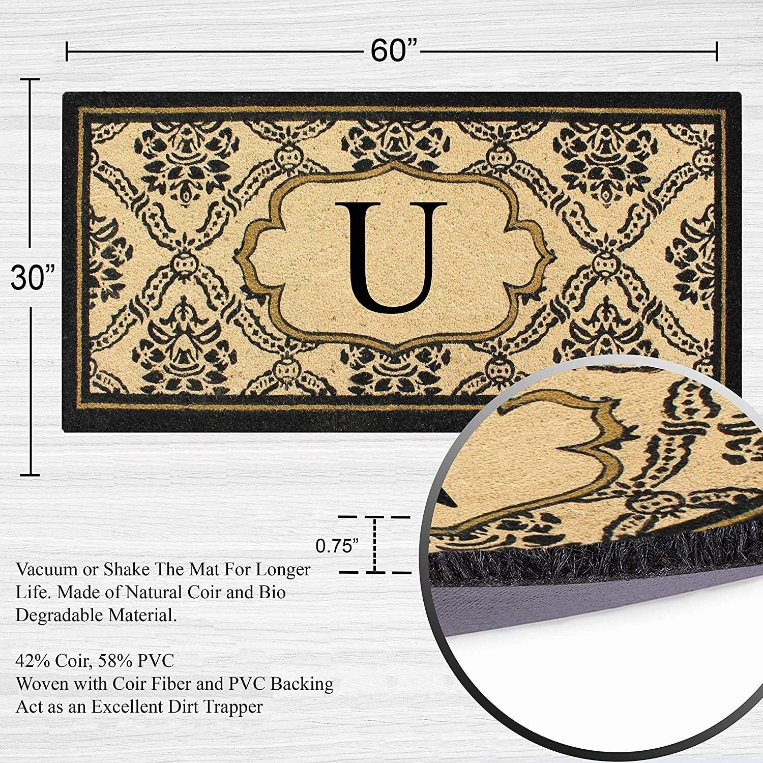 A1HC Uriel Bleached Coir Anti-shred Monogrammed Doormat. 30 X 60