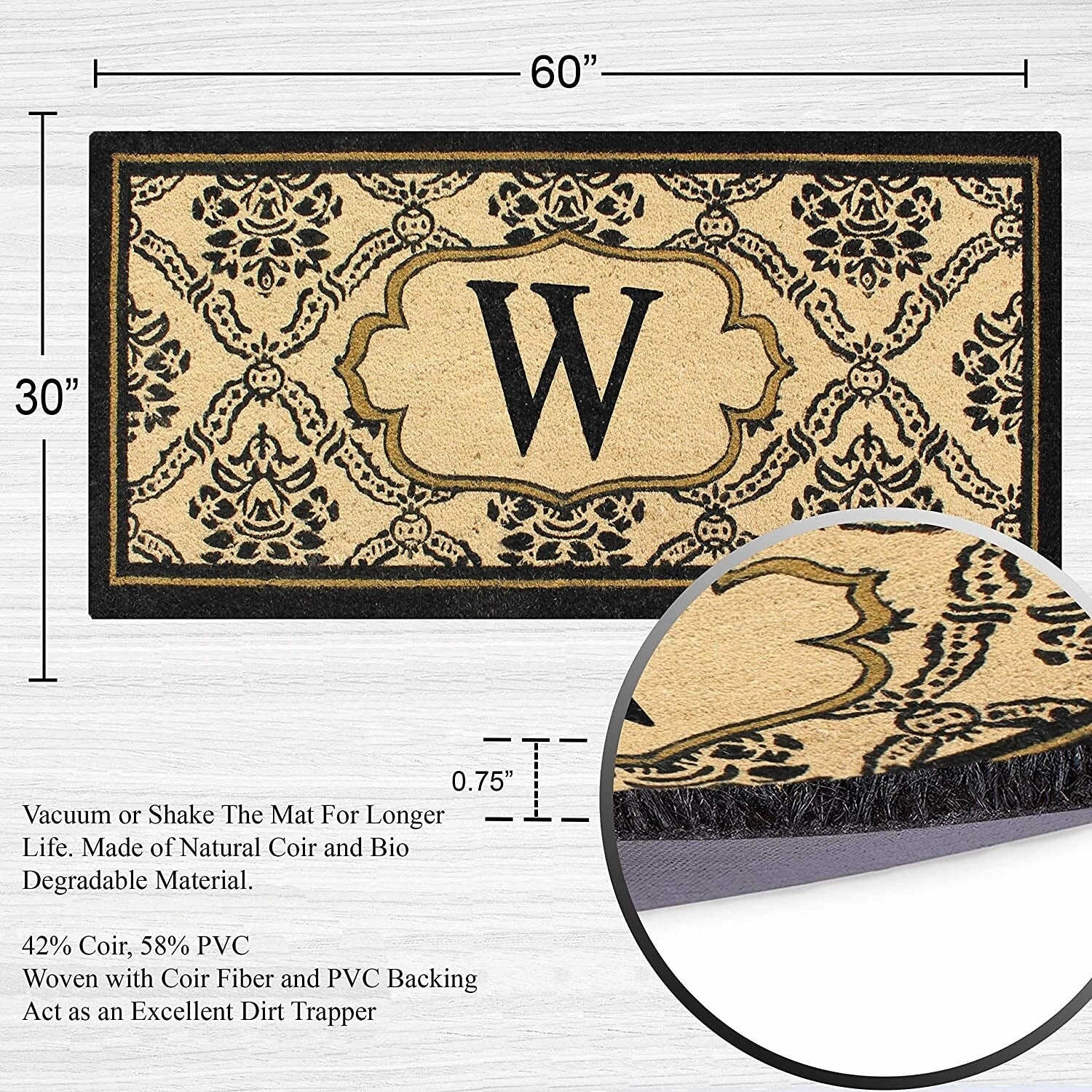 A1HC Uriel Bleached Coir Anti-shred Monogrammed Doormat. 30 X 60