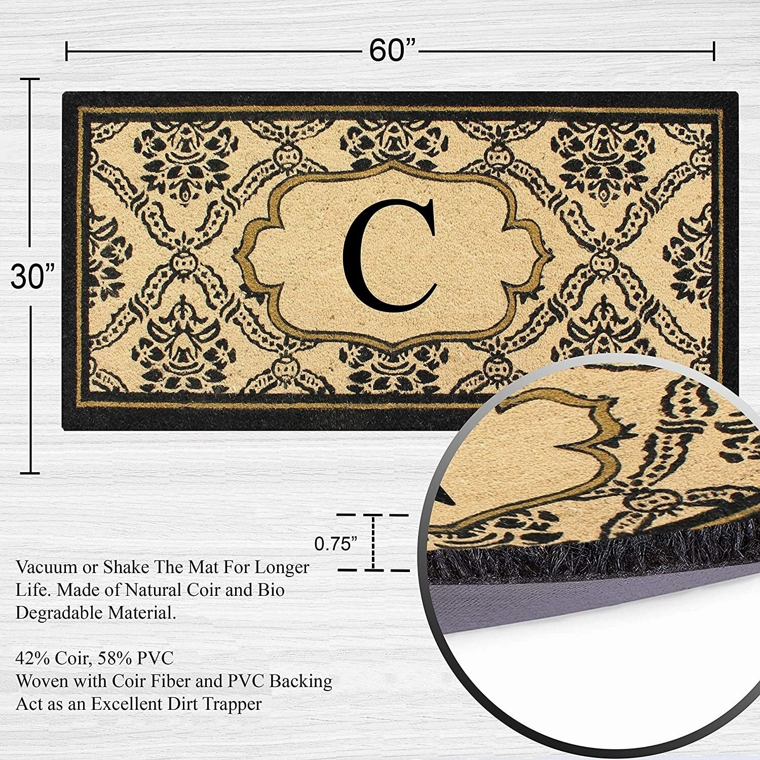 A1HC Uriel Bleached Coir Anti-shred Monogrammed Doormat. 30 X 60