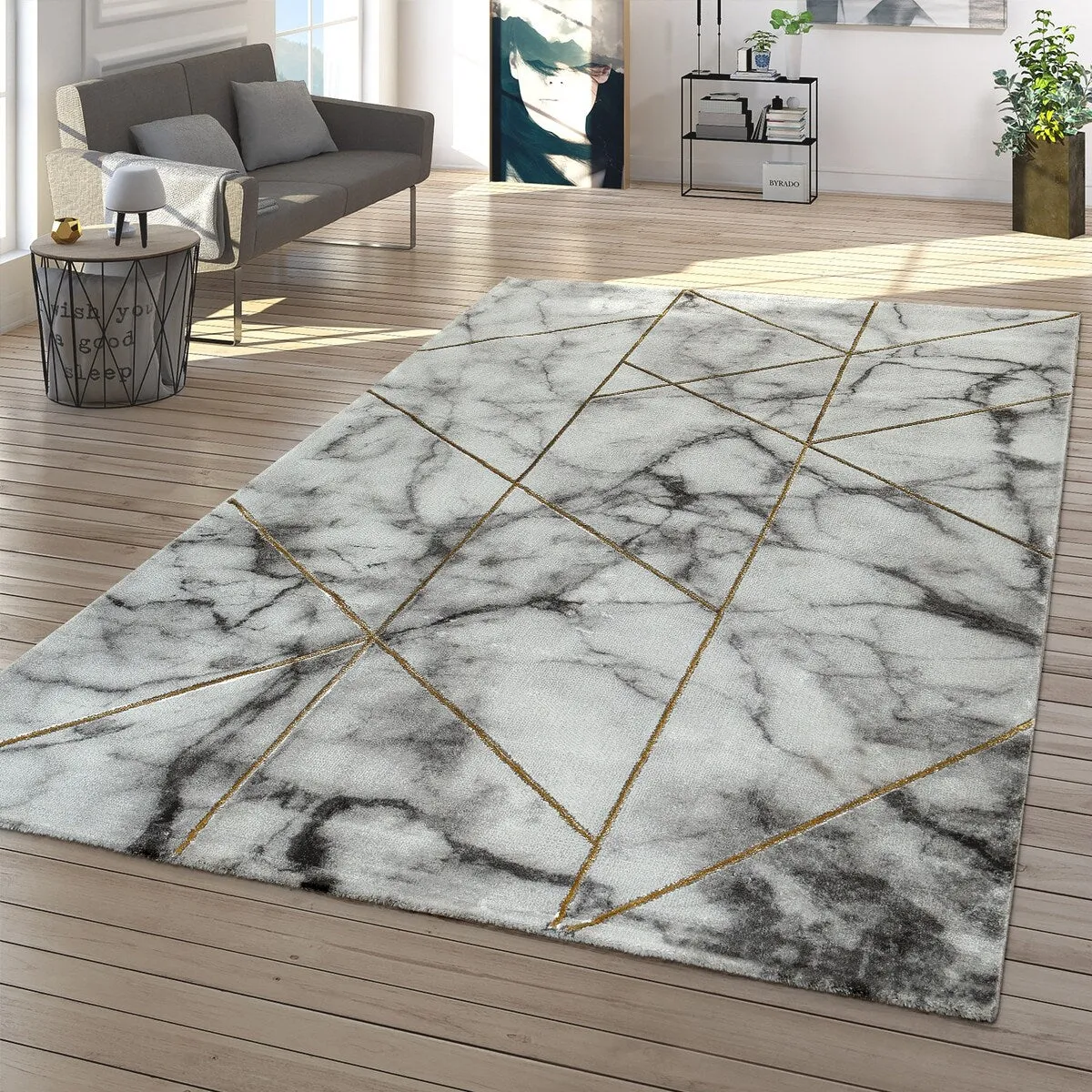 Area Rug Modern Marble Pattern in cream gold grey for living room