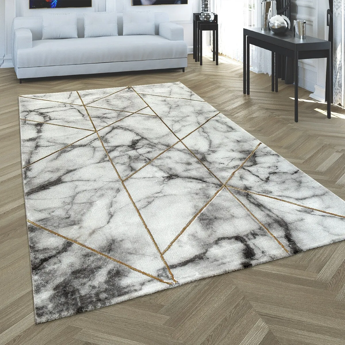 Area Rug Modern Marble Pattern in cream gold grey for living room