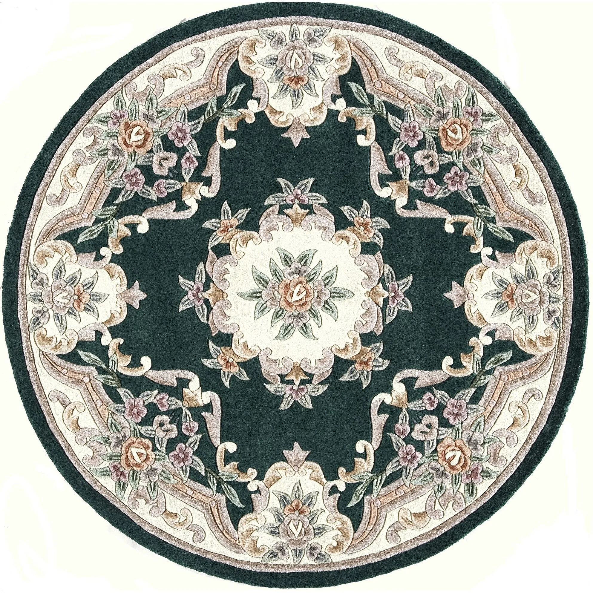 Aubusson Emerald Green Hand-Tufted Carved Wool Area Rug Round Runner