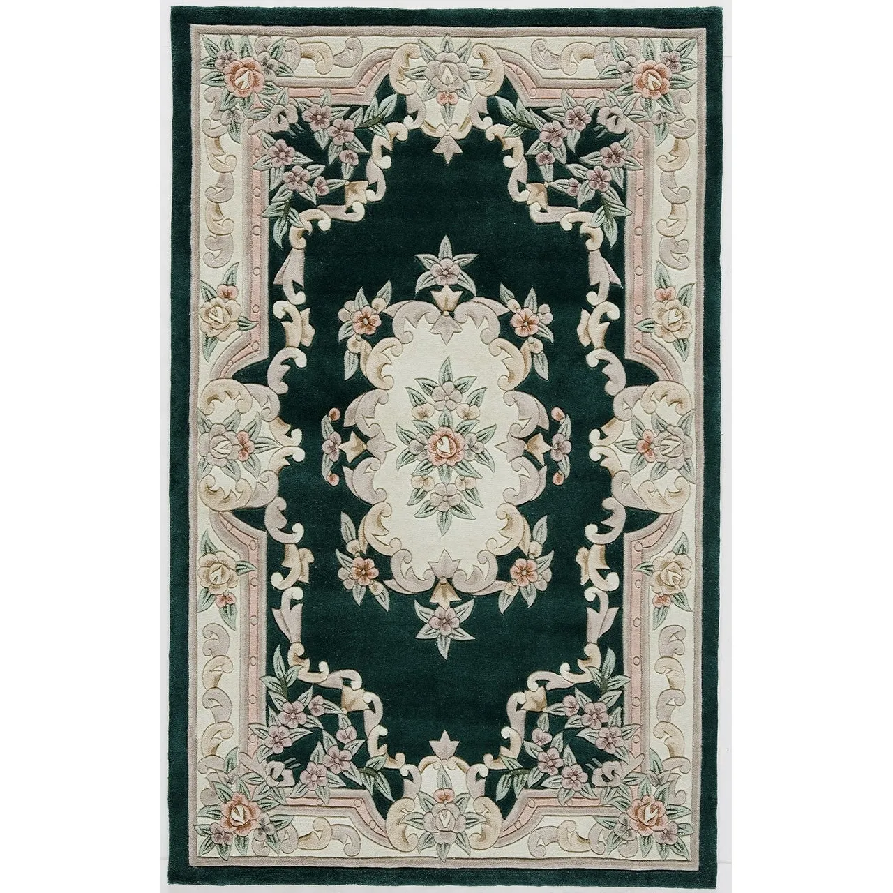 Aubusson Emerald Green Hand-Tufted Carved Wool Area Rug Round Runner
