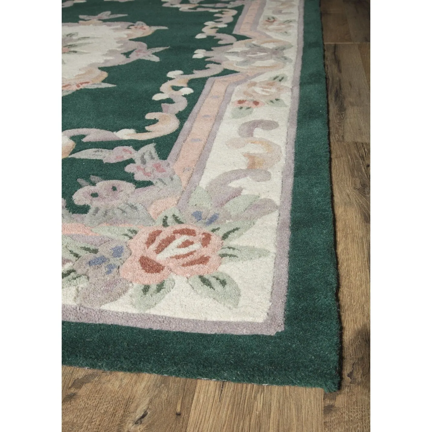Aubusson Emerald Green Hand-Tufted Carved Wool Area Rug Round Runner