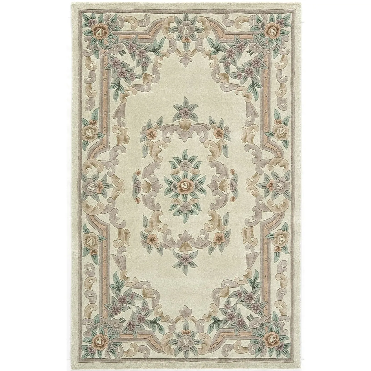 Aubusson Ivory Tan Hand-Tufted Carved Wool Oriental Area Rug Round Runner
