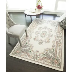 Aubusson Ivory Tan Hand-Tufted Carved Wool Oriental Area Rug Round Runner