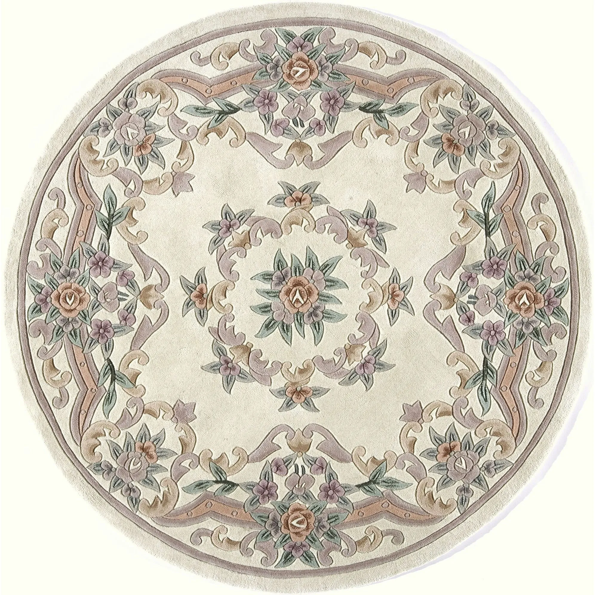 Aubusson Ivory Tan Hand-Tufted Carved Wool Oriental Area Rug Round Runner