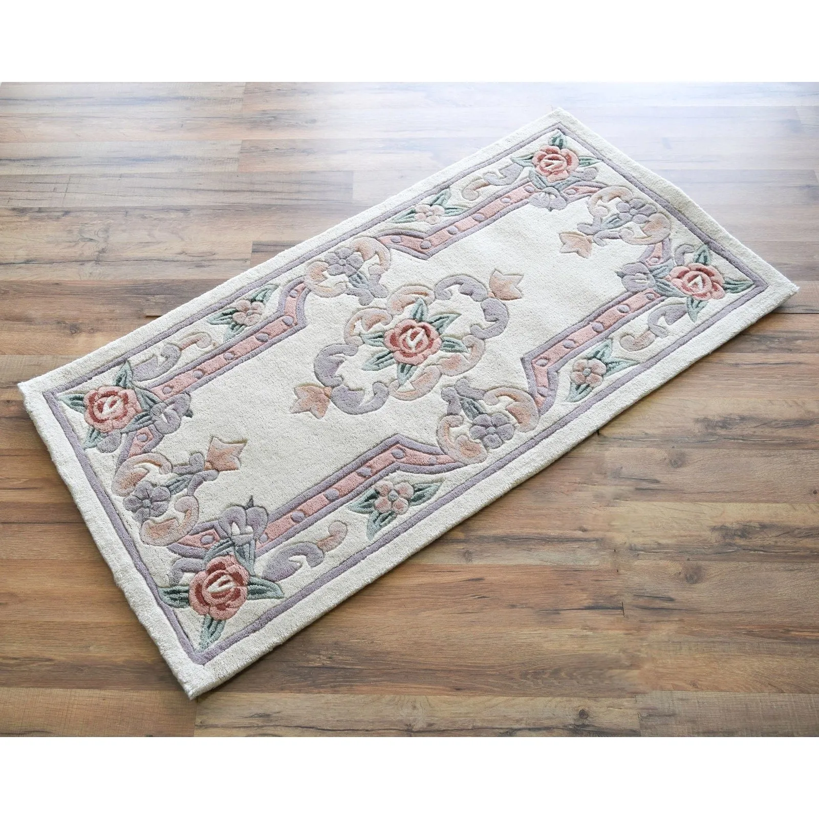 Aubusson Ivory Tan Hand-Tufted Carved Wool Oriental Area Rug Round Runner