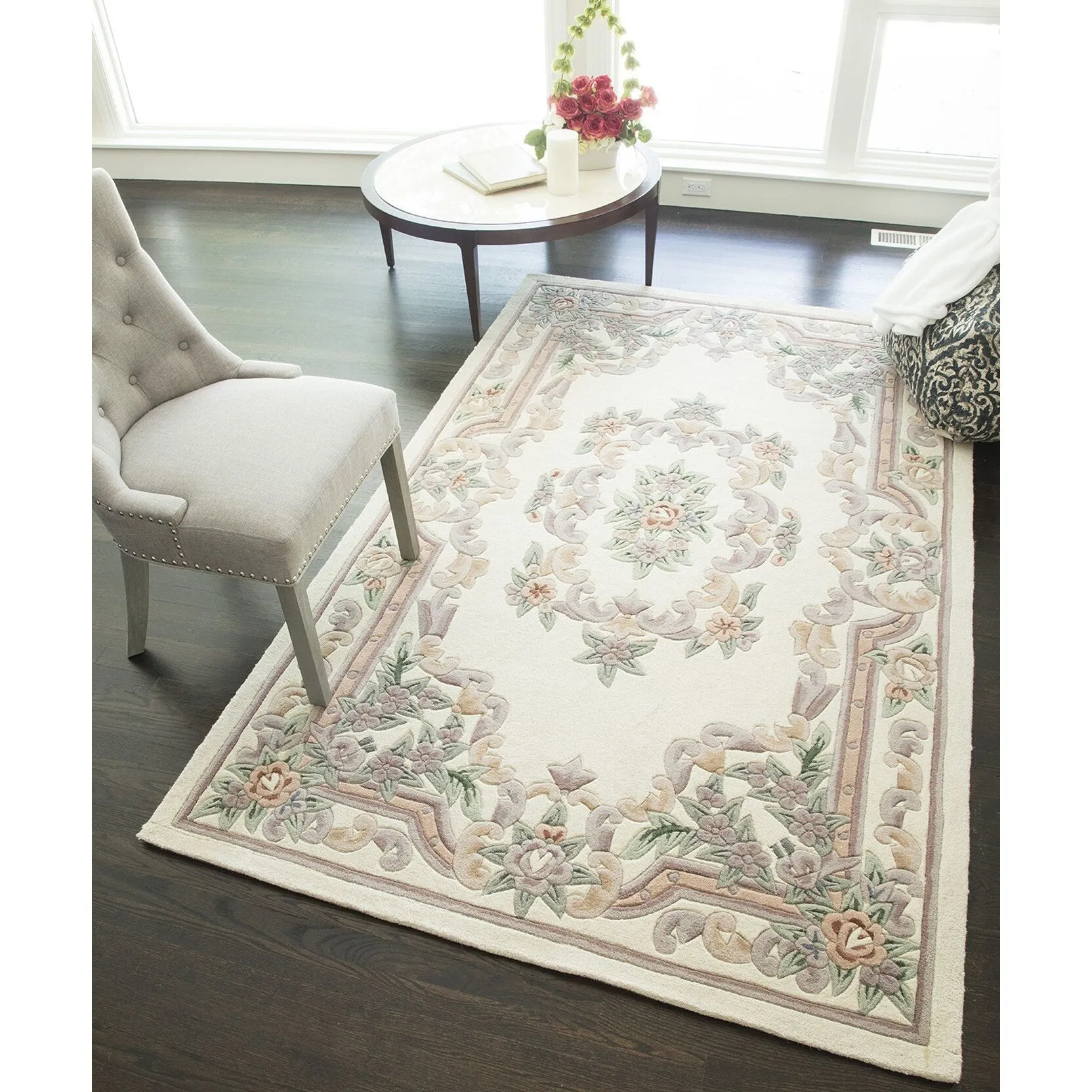 Aubusson Ivory Tan Hand-Tufted Carved Wool Oriental Area Rug Round Runner