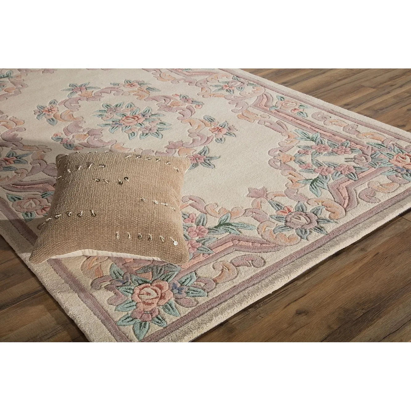 Aubusson Ivory Tan Hand-Tufted Carved Wool Oriental Area Rug Round Runner