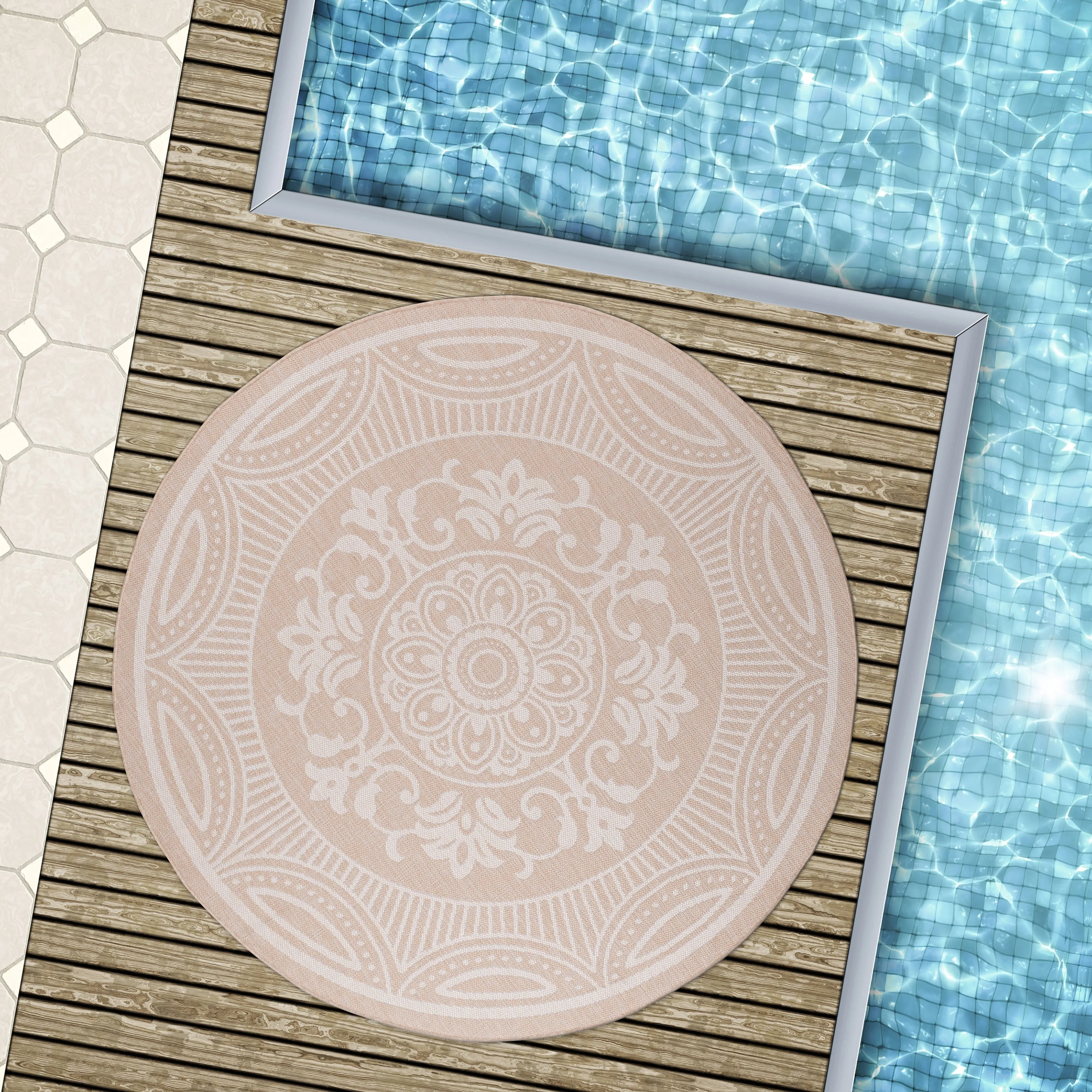 Beverly Rug Beige Medallion Indoor Outdoor Rug. Outside Carpet for Patio. Deck. Porch