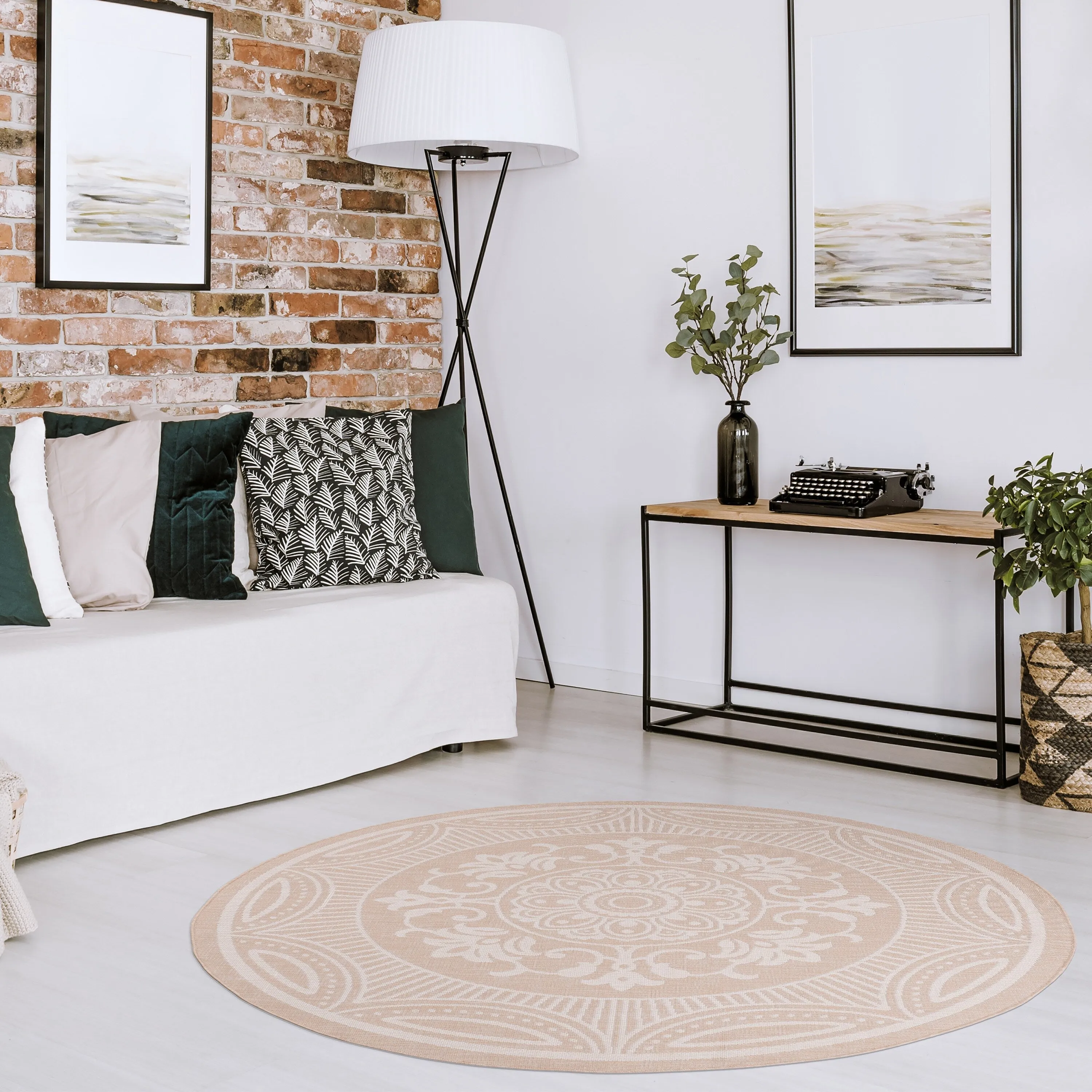 Beverly Rug Beige Medallion Indoor Outdoor Rug. Outside Carpet for Patio. Deck. Porch