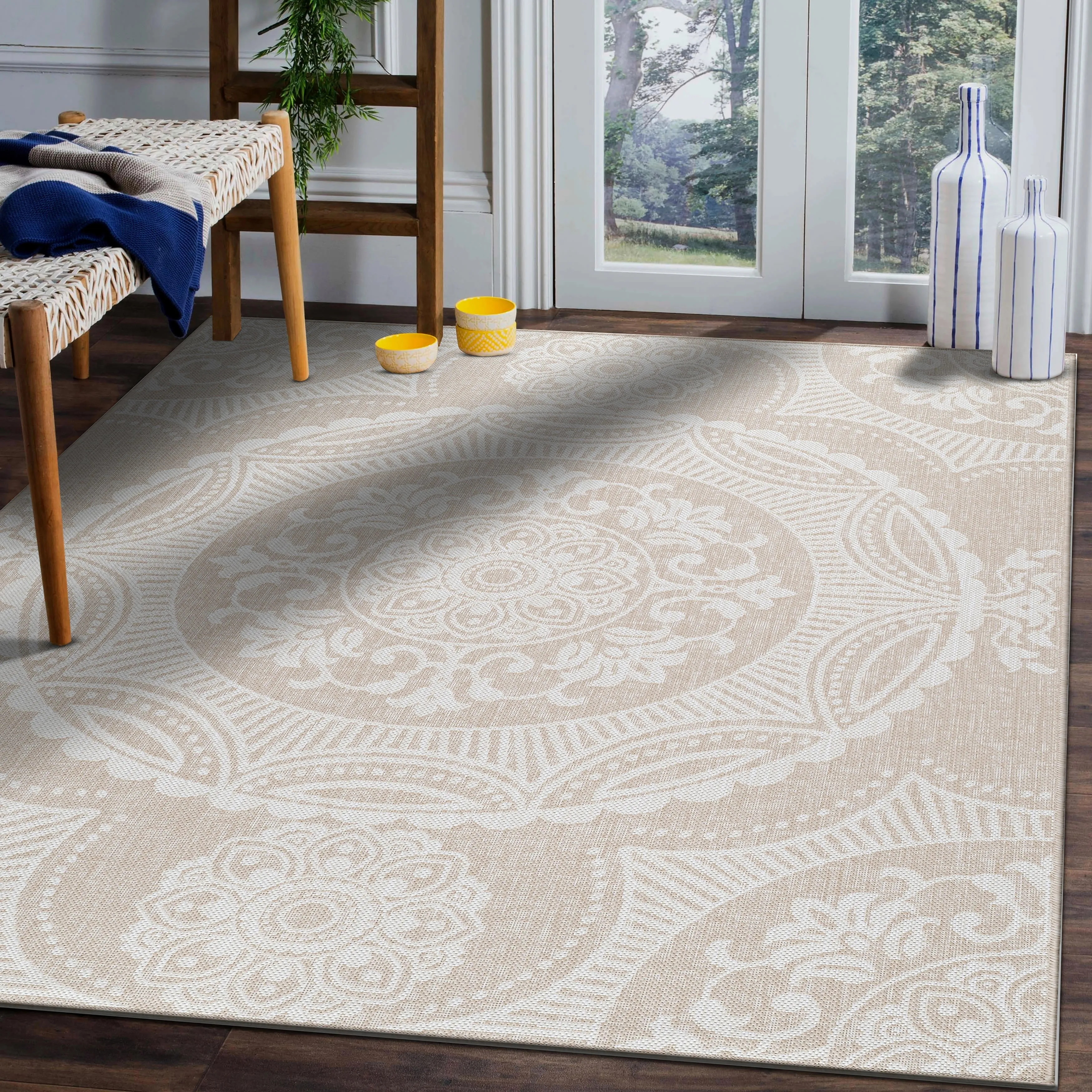 Beverly Rug Beige Medallion Indoor Outdoor Rug. Outside Carpet for Patio. Deck. Porch