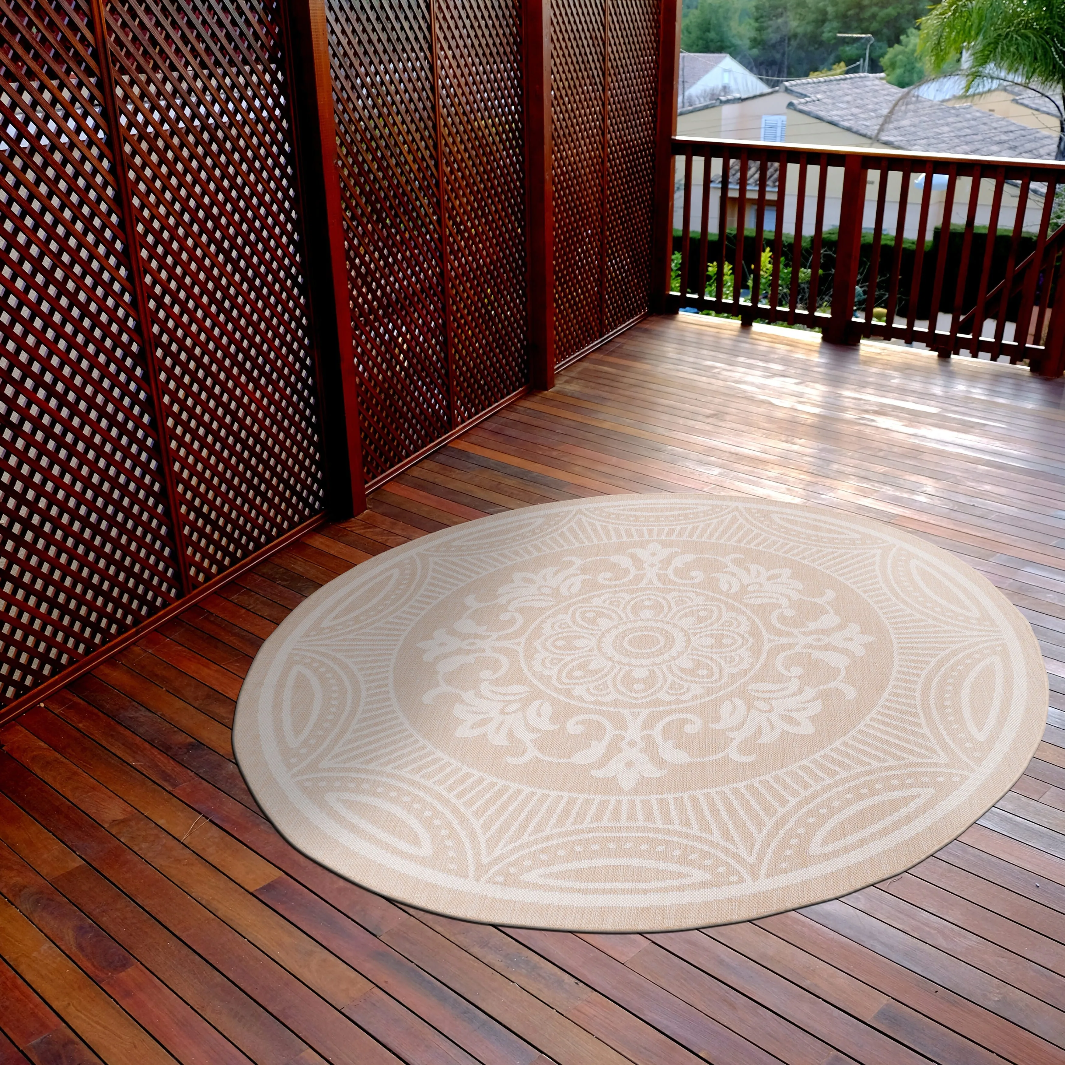 Beverly Rug Beige Medallion Indoor Outdoor Rug. Outside Carpet for Patio. Deck. Porch