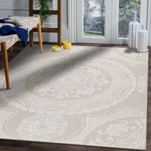 Beverly Rug Beige Medallion Indoor Outdoor Rug. Outside Carpet for Patio. Deck. Porch