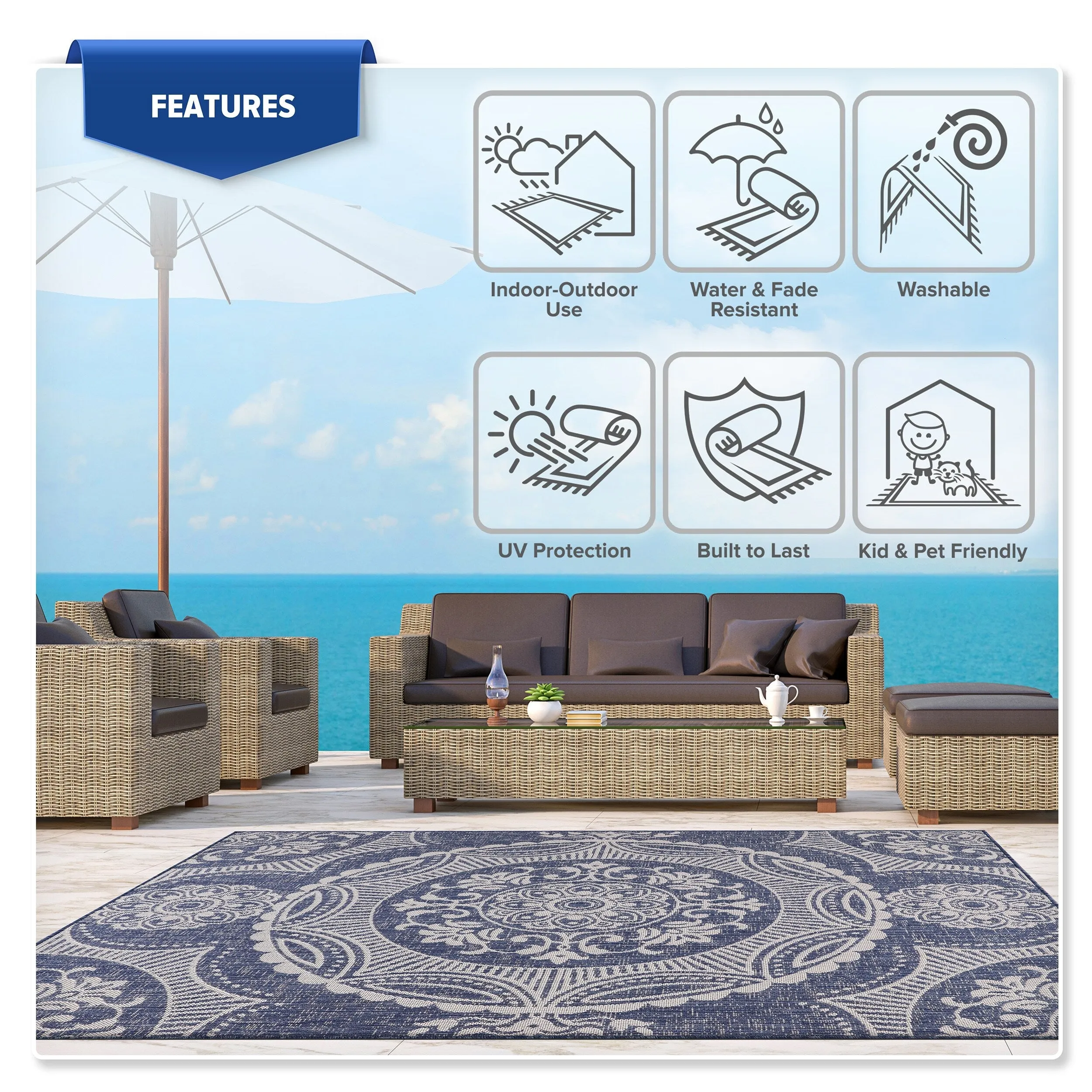 Beverly Rug Medallion Modern Indoor Outdoor Washable Area Rug