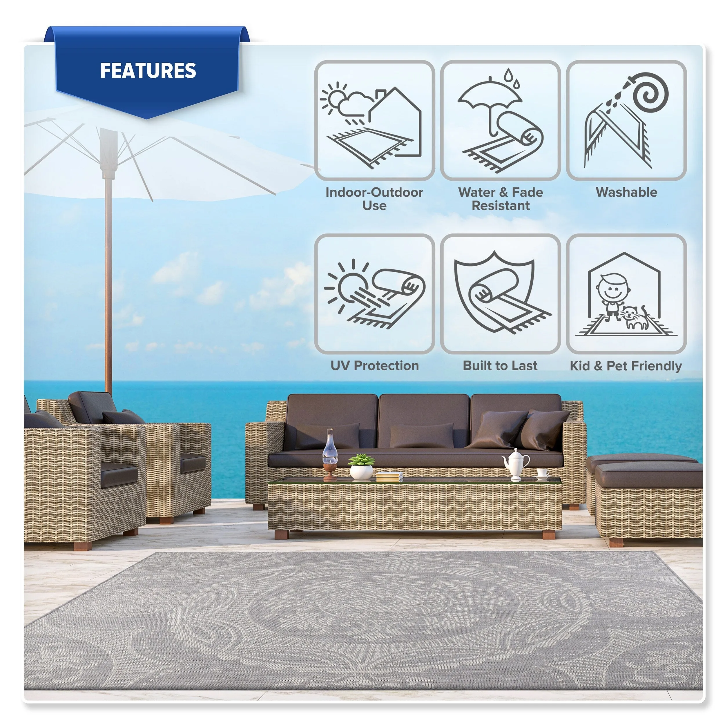 Beverly Rug Medallion Modern Indoor Outdoor Washable Area Rug