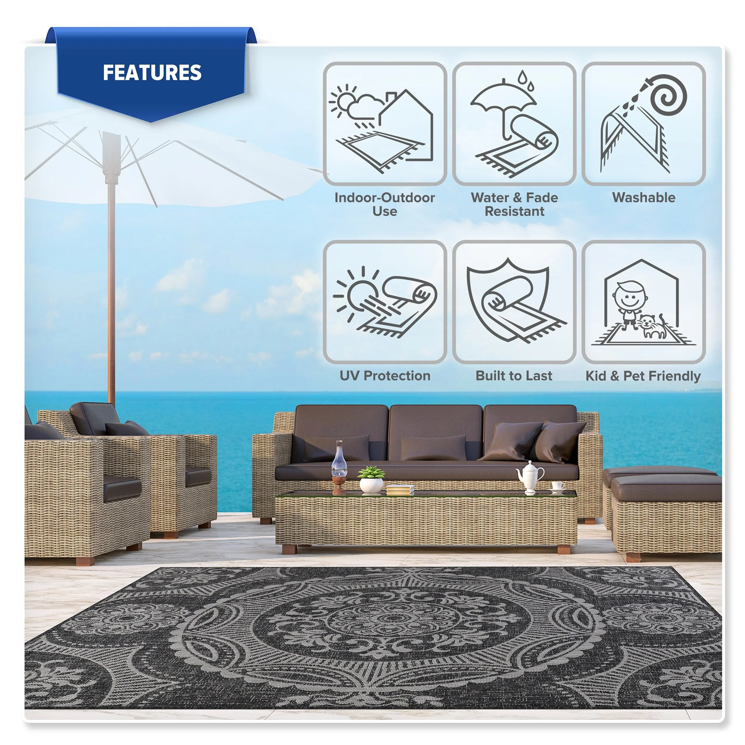Beverly Rug Medallion Modern Indoor Outdoor Washable Area Rug
