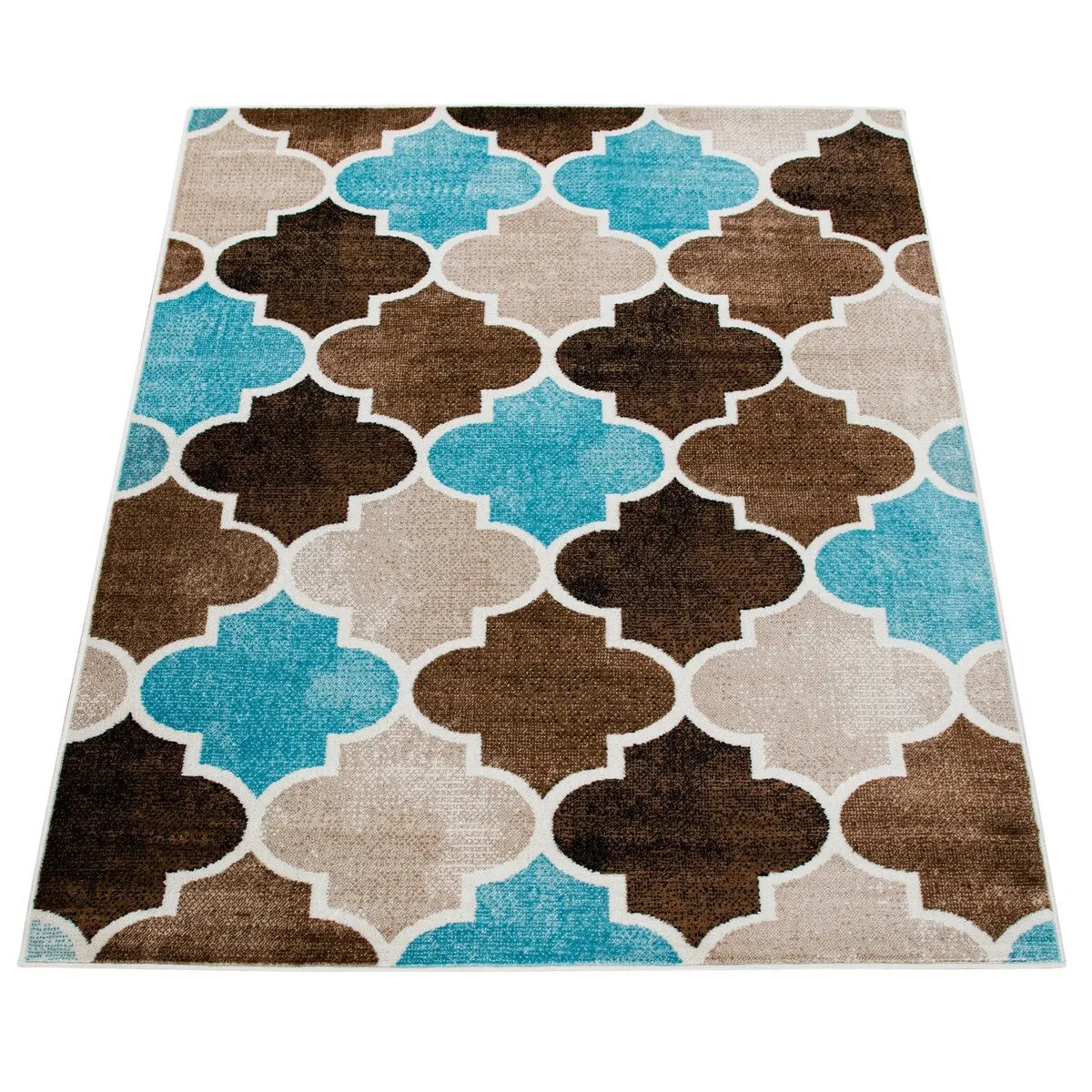 Brown Blue Area Rug with Modern Moroccan Pattern for Living Room