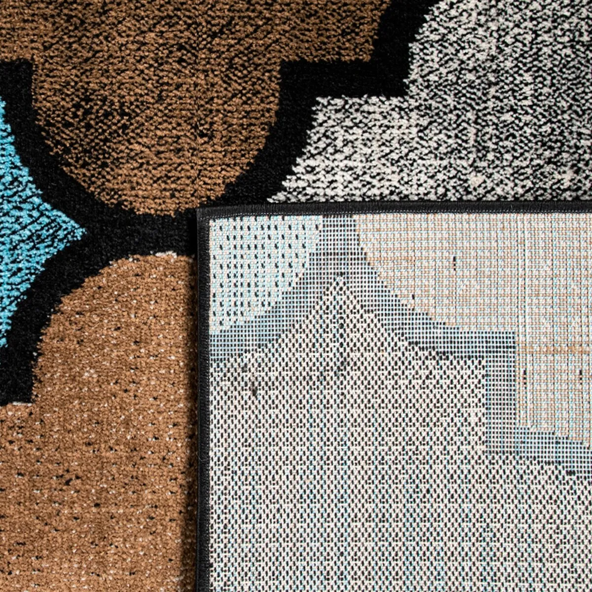 Brown Blue Area Rug with Modern Moroccan Pattern for Living Room