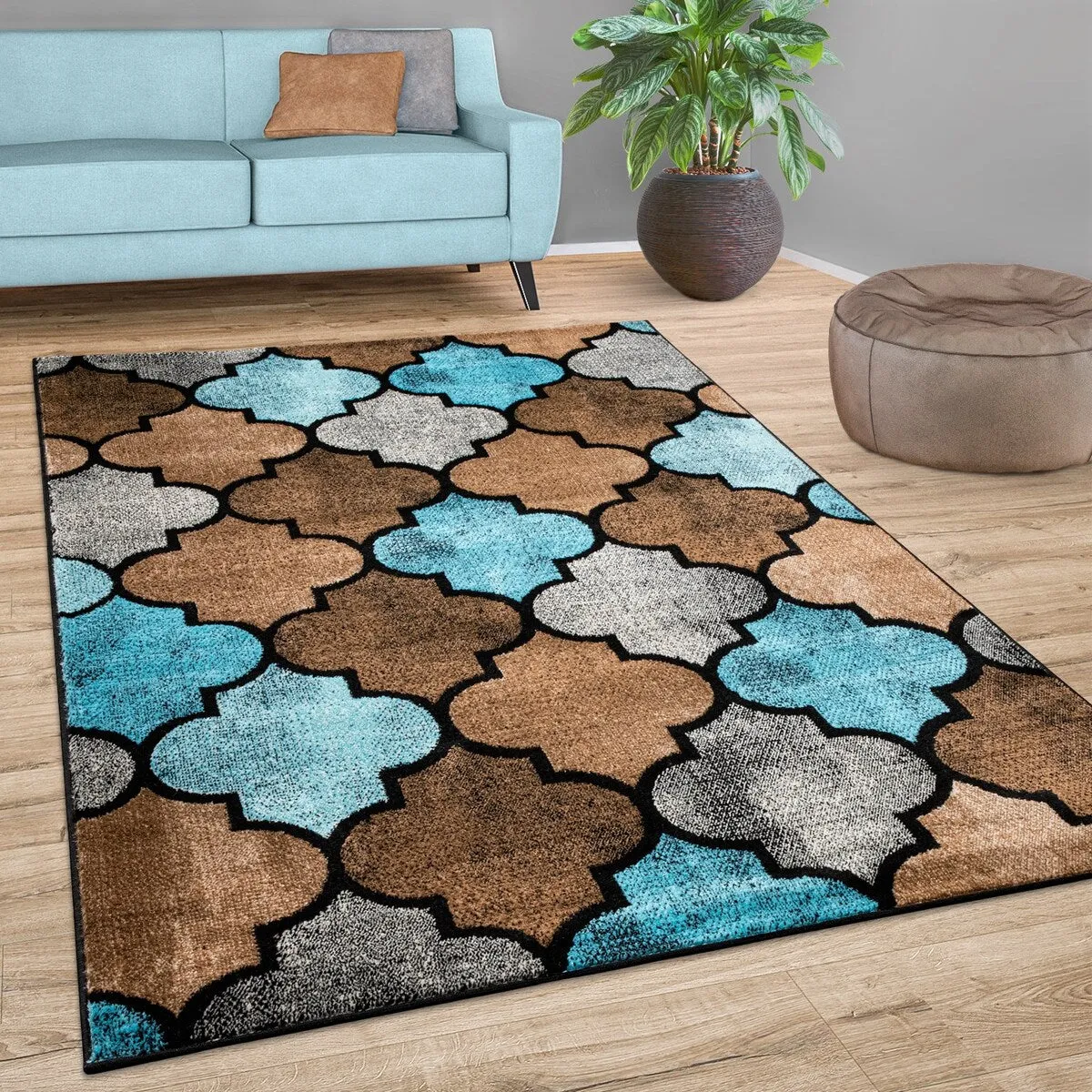 Brown Blue Area Rug with Modern Moroccan Pattern for Living Room