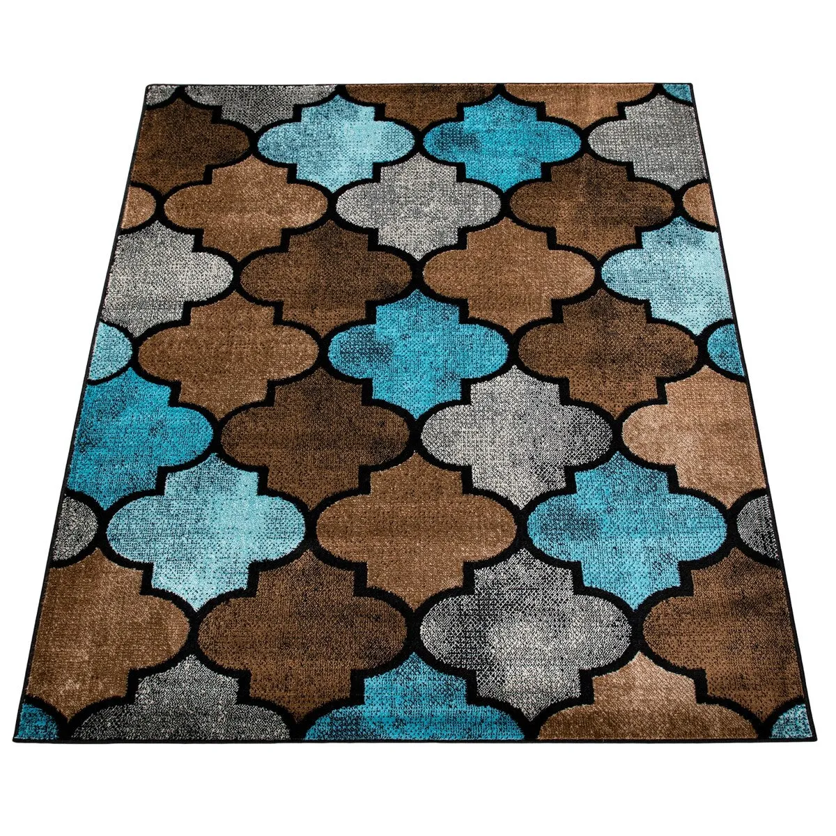 Brown Blue Area Rug with Modern Moroccan Pattern for Living Room