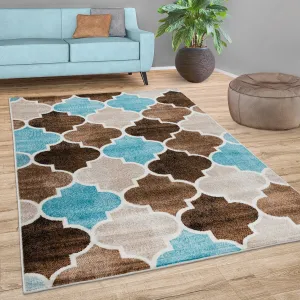 Brown Blue Area Rug with Modern Moroccan Pattern for Living Room