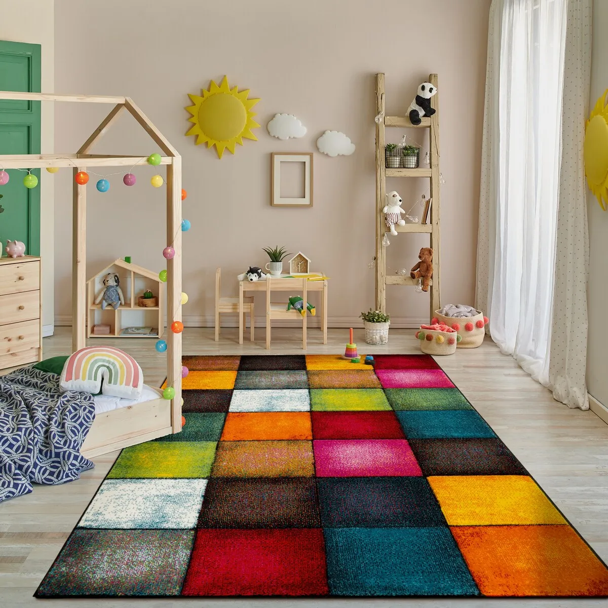 Colorful Area Rug Checkered With Multicolor Squares