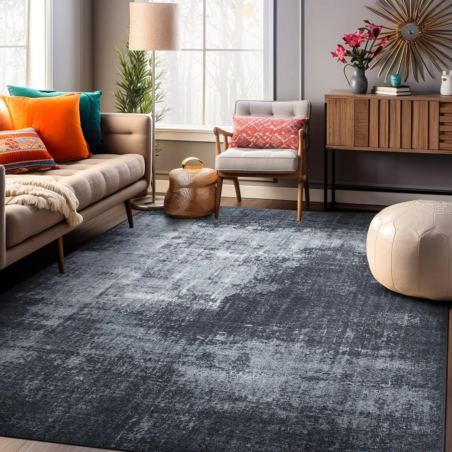 Contemporary Distressed Abstract Machine Washable Area Rug