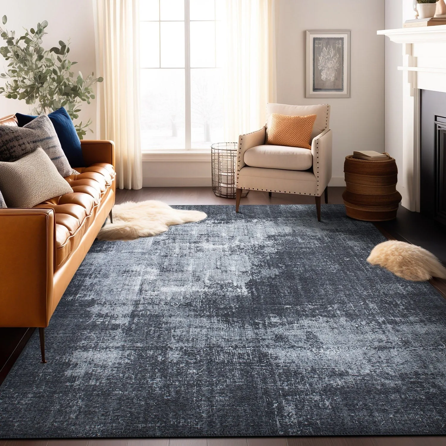 Contemporary Distressed Abstract Machine Washable Area Rug