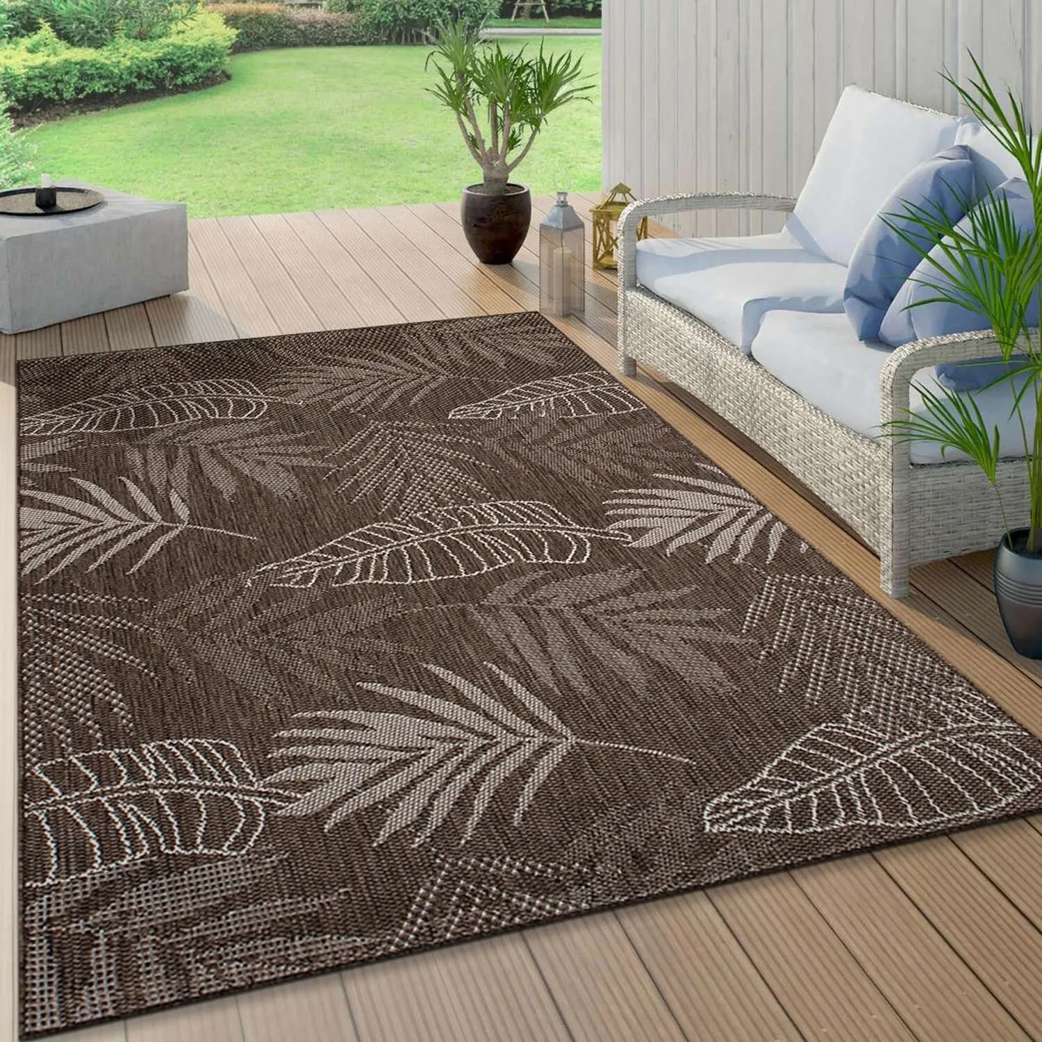 Contemporary Floral Leaves Indoor/Outdoor Flatweave Waterproof Backyard Patio Area Rug