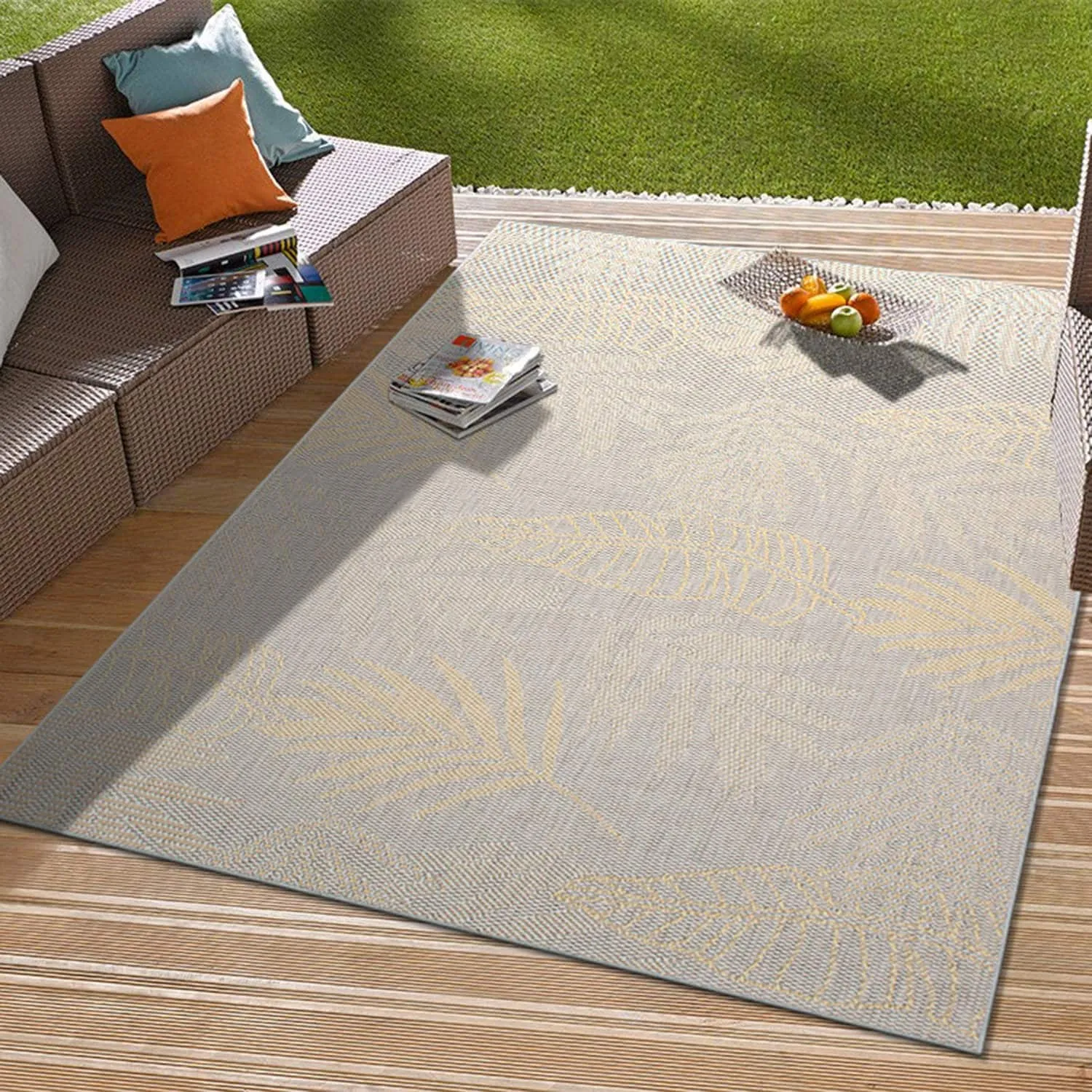 Contemporary Floral Leaves Indoor/Outdoor Flatweave Waterproof Backyard Patio Area Rug