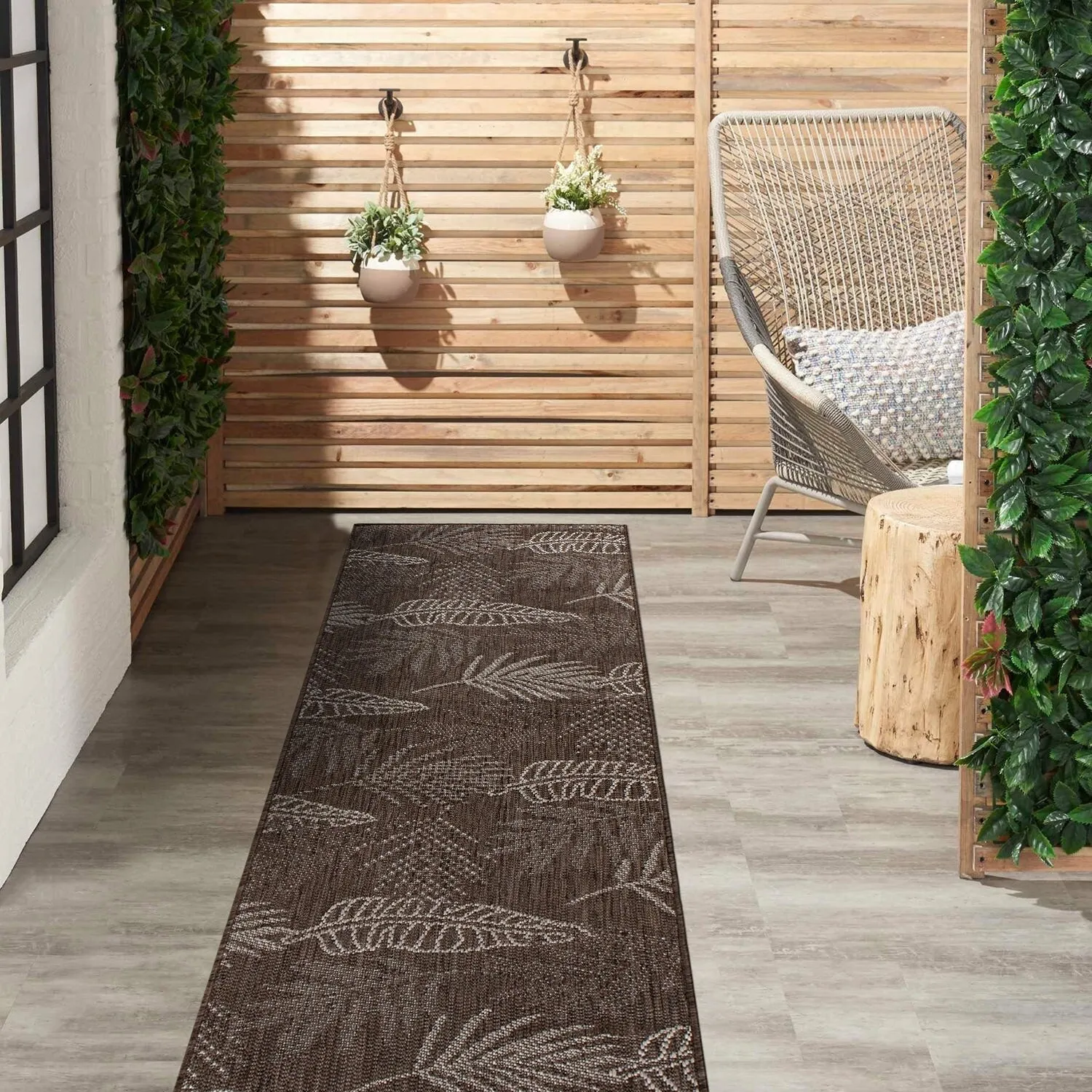Contemporary Floral Leaves Indoor/Outdoor Flatweave Waterproof Backyard Patio Area Rug