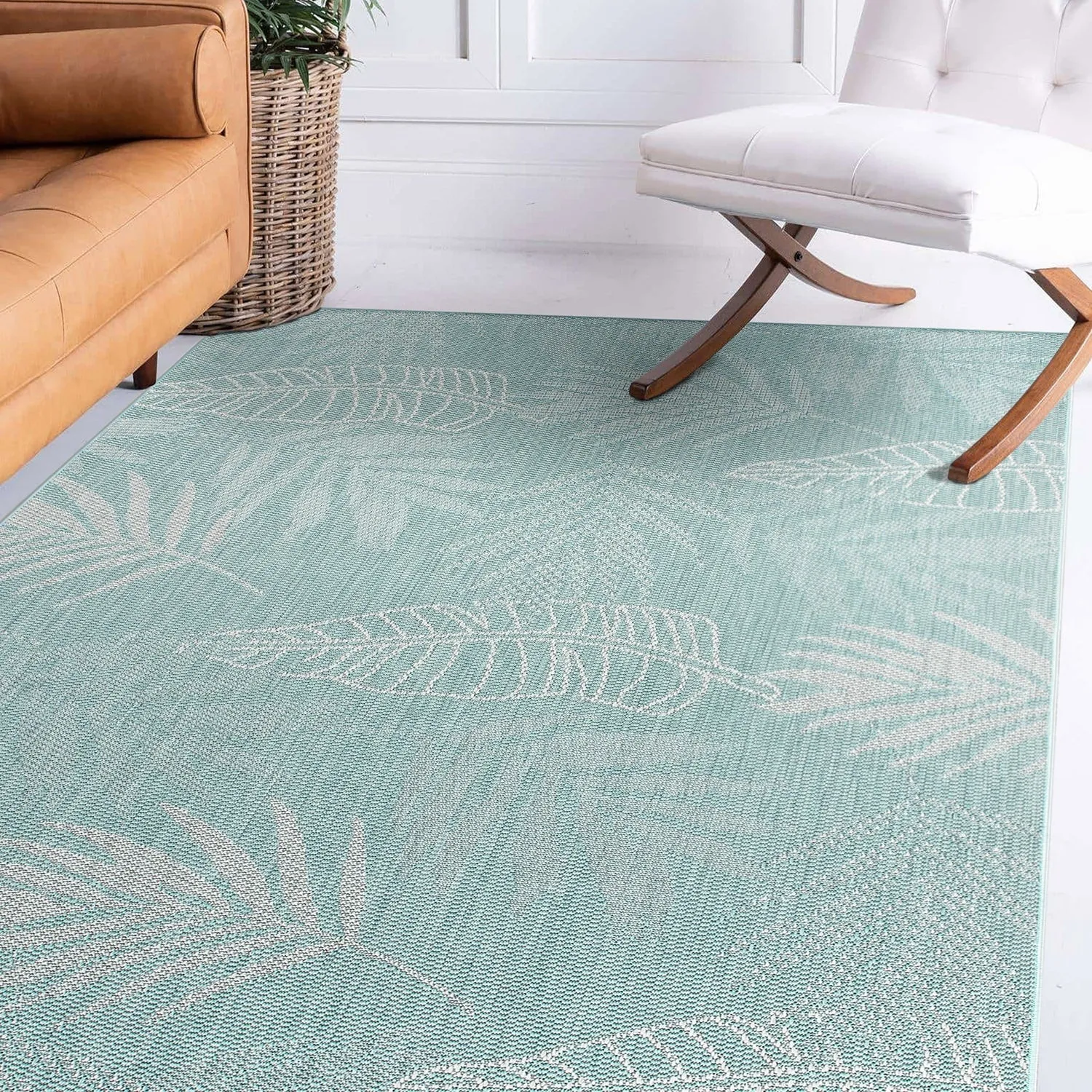 Contemporary Floral Leaves Indoor/Outdoor Flatweave Waterproof Backyard Patio Area Rug
