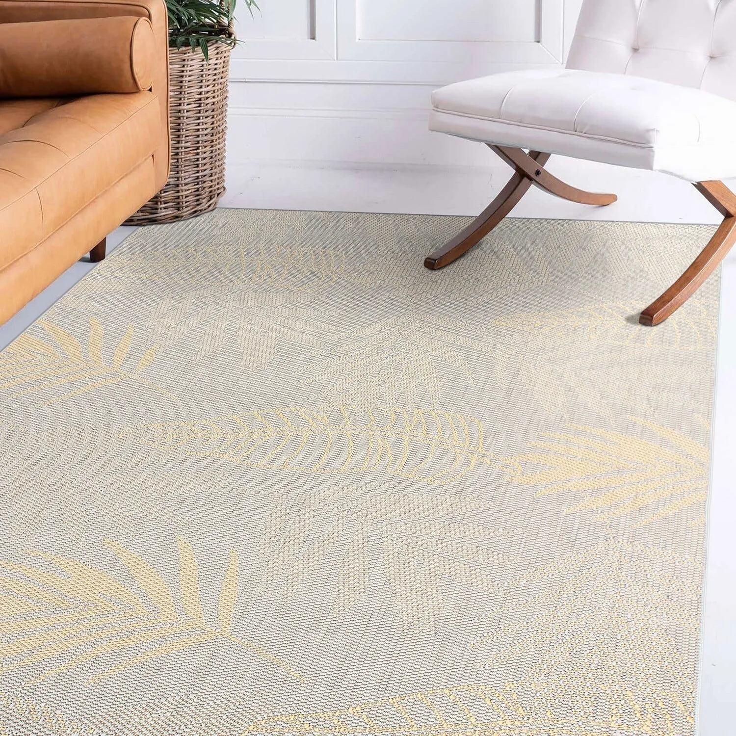Contemporary Floral Leaves Indoor/Outdoor Flatweave Waterproof Backyard Patio Area Rug