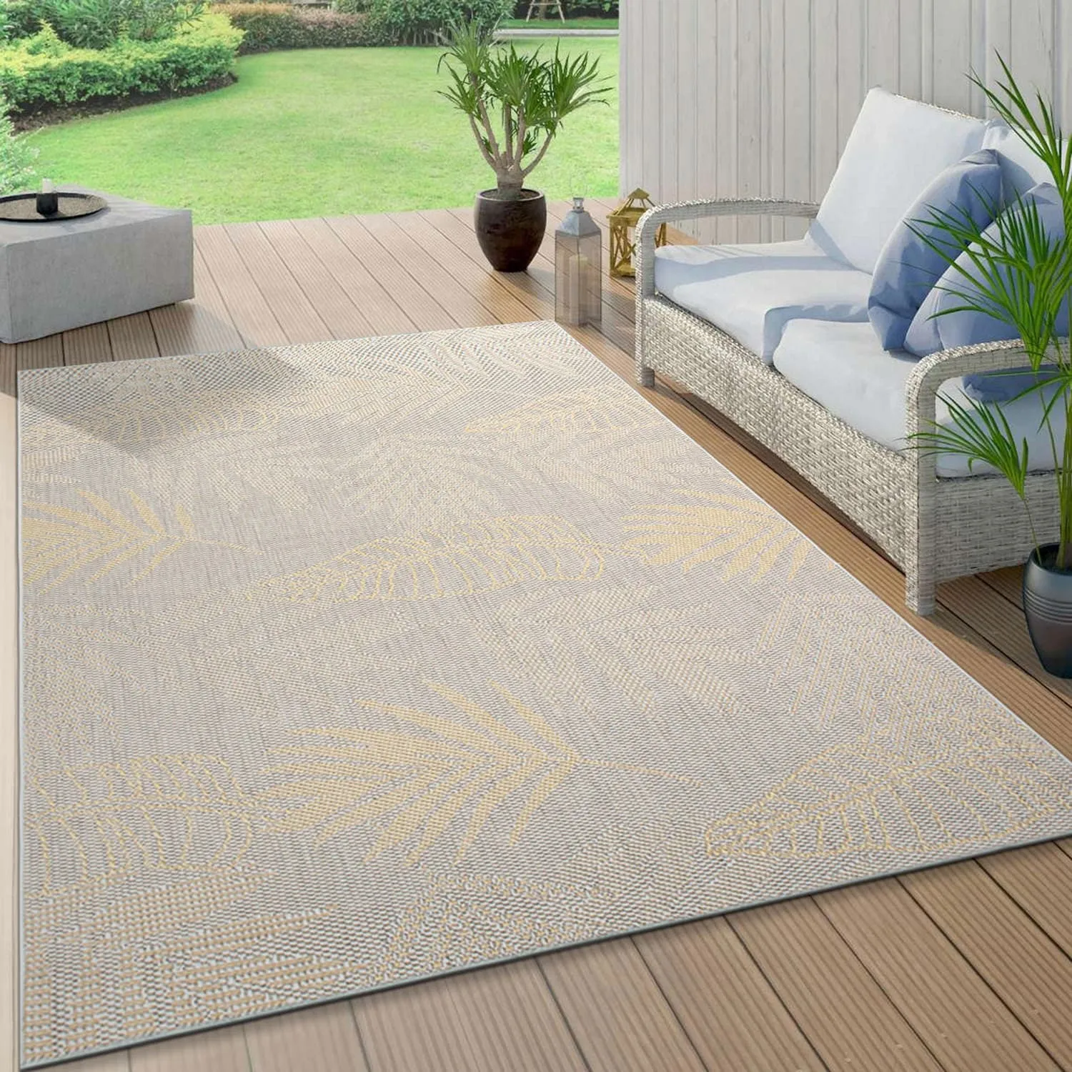 Contemporary Floral Leaves Indoor/Outdoor Flatweave Waterproof Backyard Patio Area Rug