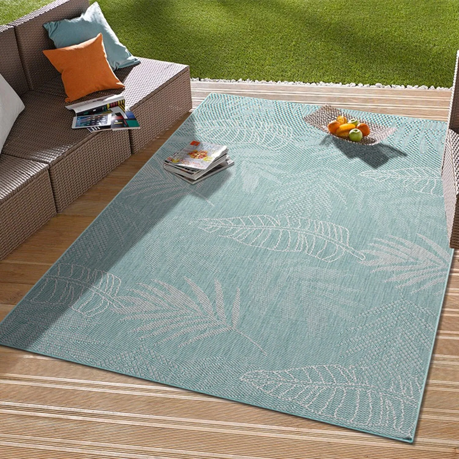 Contemporary Floral Leaves Indoor/Outdoor Flatweave Waterproof Backyard Patio Area Rug