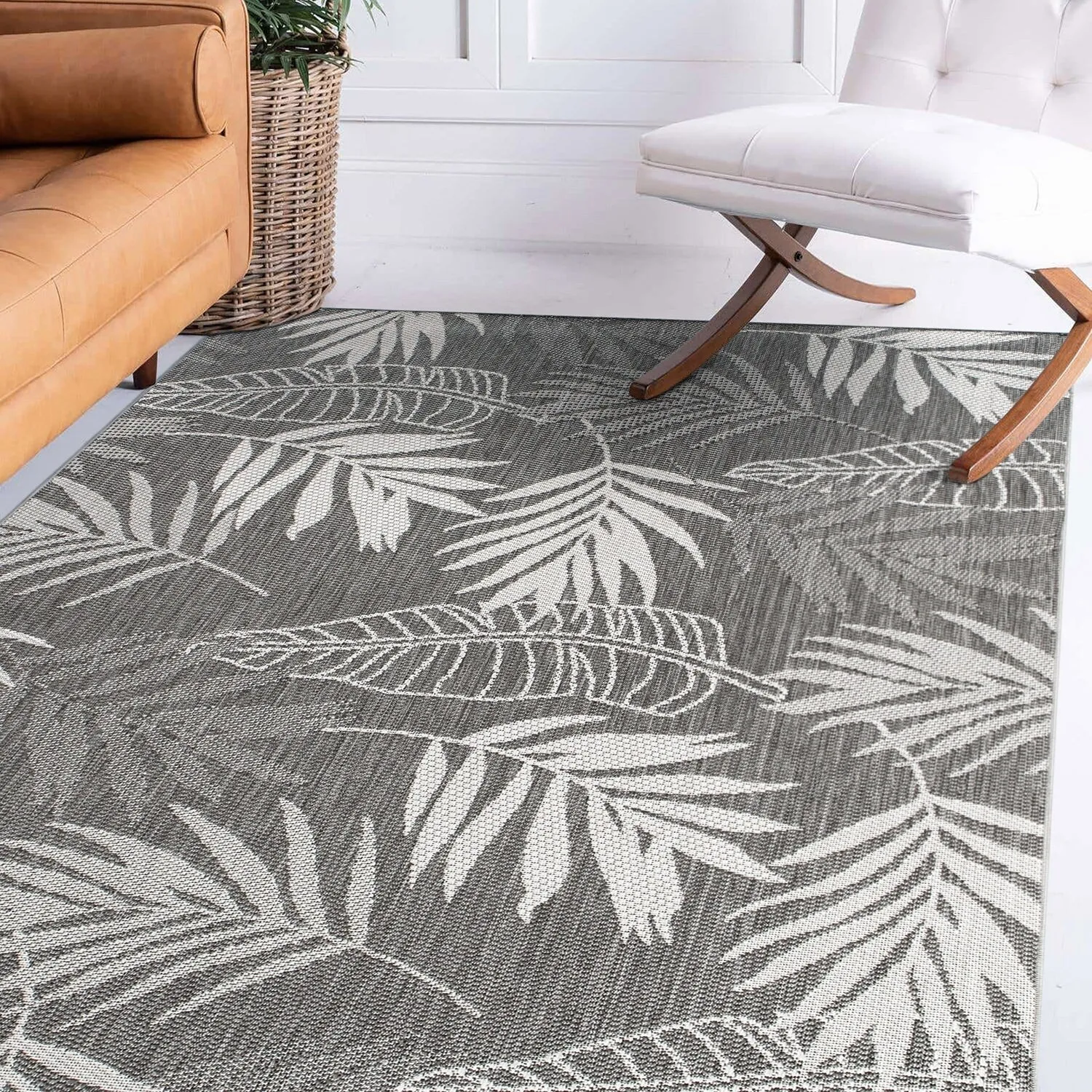 Contemporary Floral Leaves Indoor/Outdoor Flatweave Waterproof Backyard Patio Area Rug