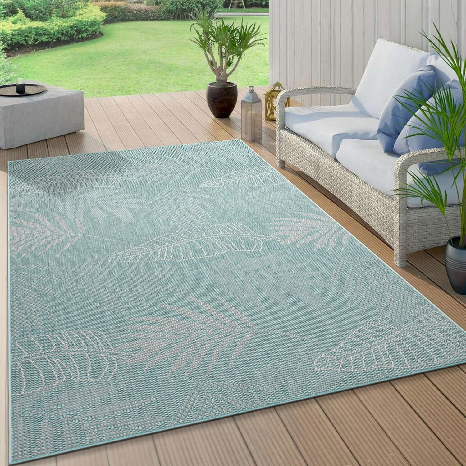 Contemporary Floral Leaves Indoor/Outdoor Flatweave Waterproof Backyard Patio Area Rug
