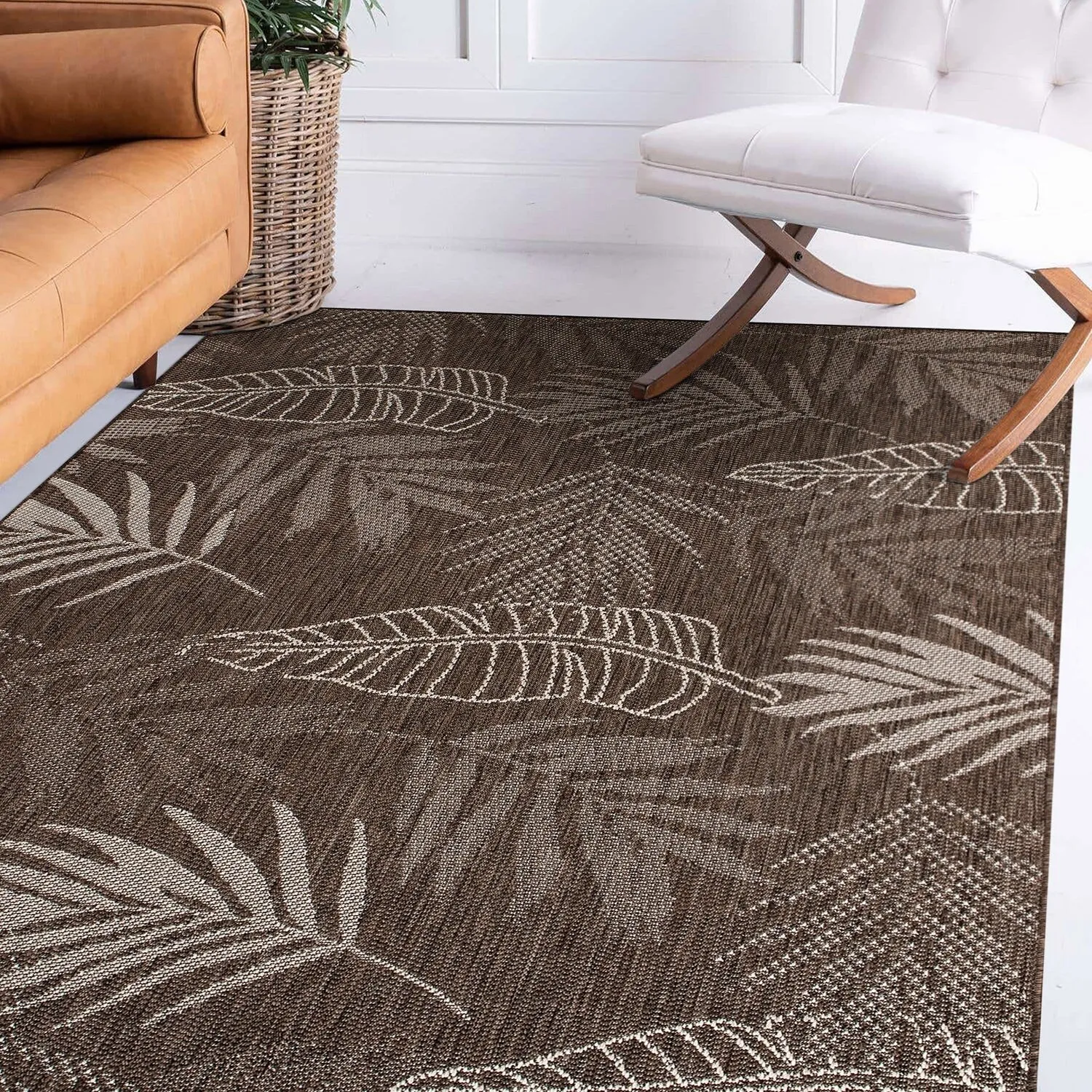 Contemporary Floral Leaves Indoor/Outdoor Flatweave Waterproof Backyard Patio Area Rug