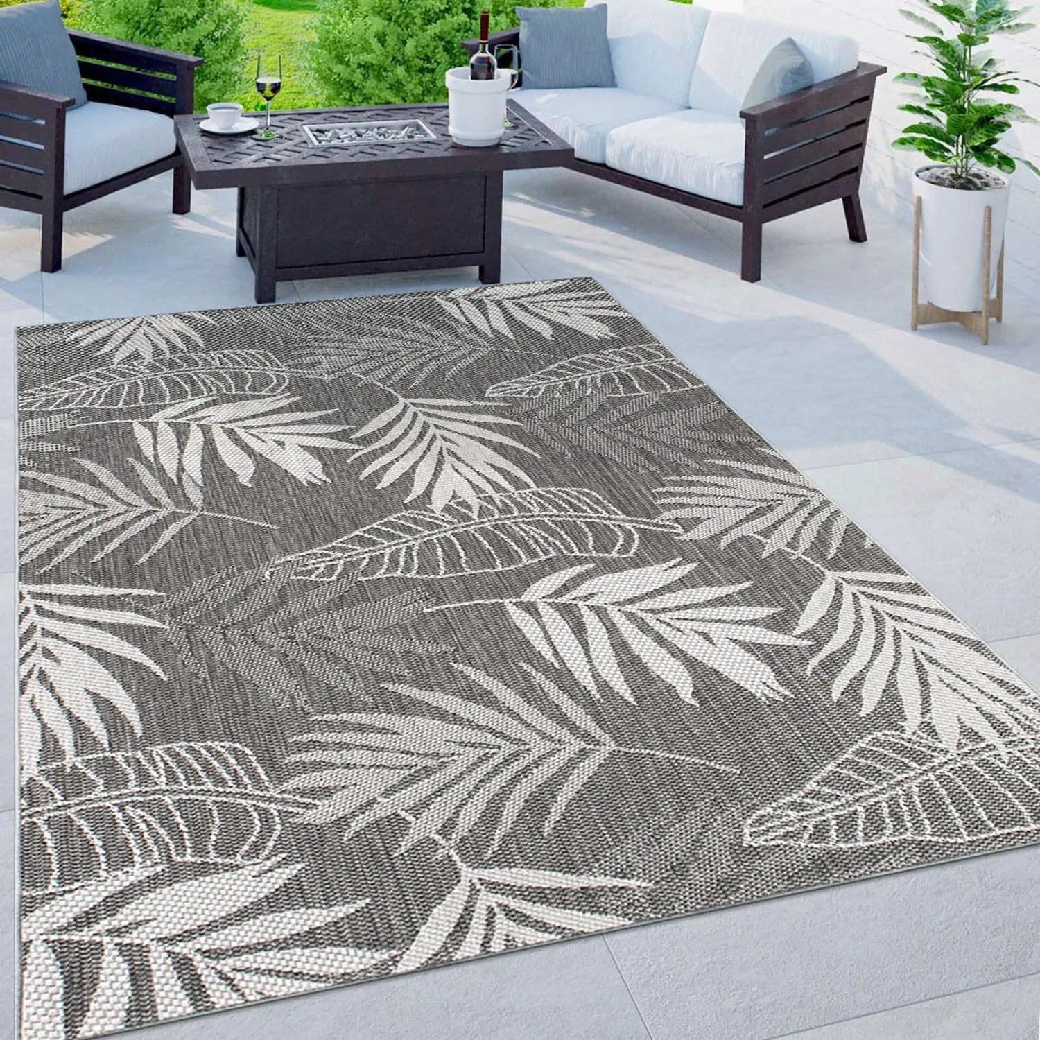 Contemporary Floral Leaves Indoor/Outdoor Flatweave Waterproof Backyard Patio Area Rug