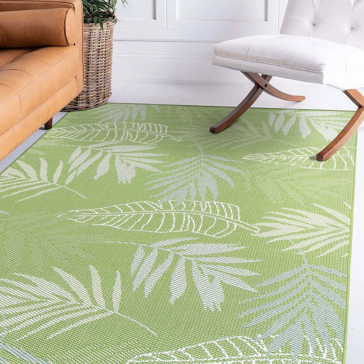 Contemporary Floral Leaves Indoor/Outdoor Flatweave Waterproof Backyard Patio Area Rug